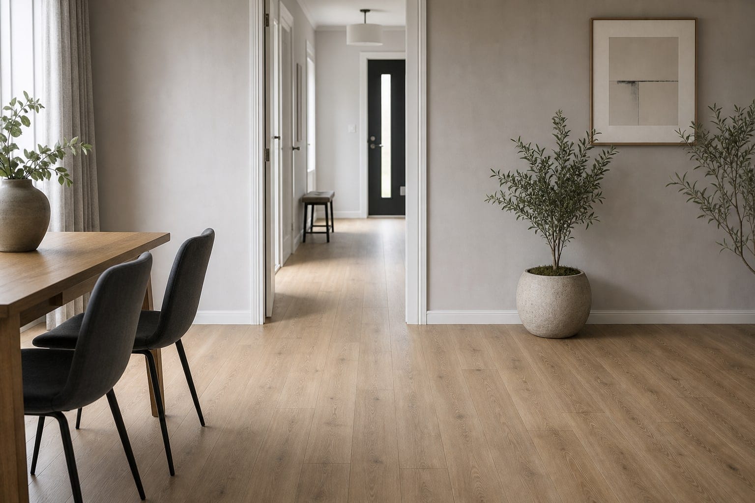 Timber-look laminate flooring running through a bright contemporary interior